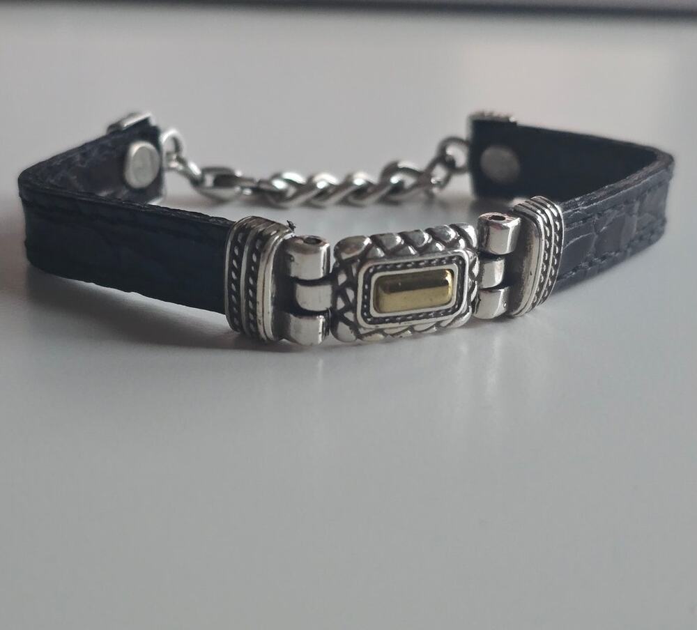 Brighton Two Toned Gold Silver Black Leather Bracelet 7-7.5"
